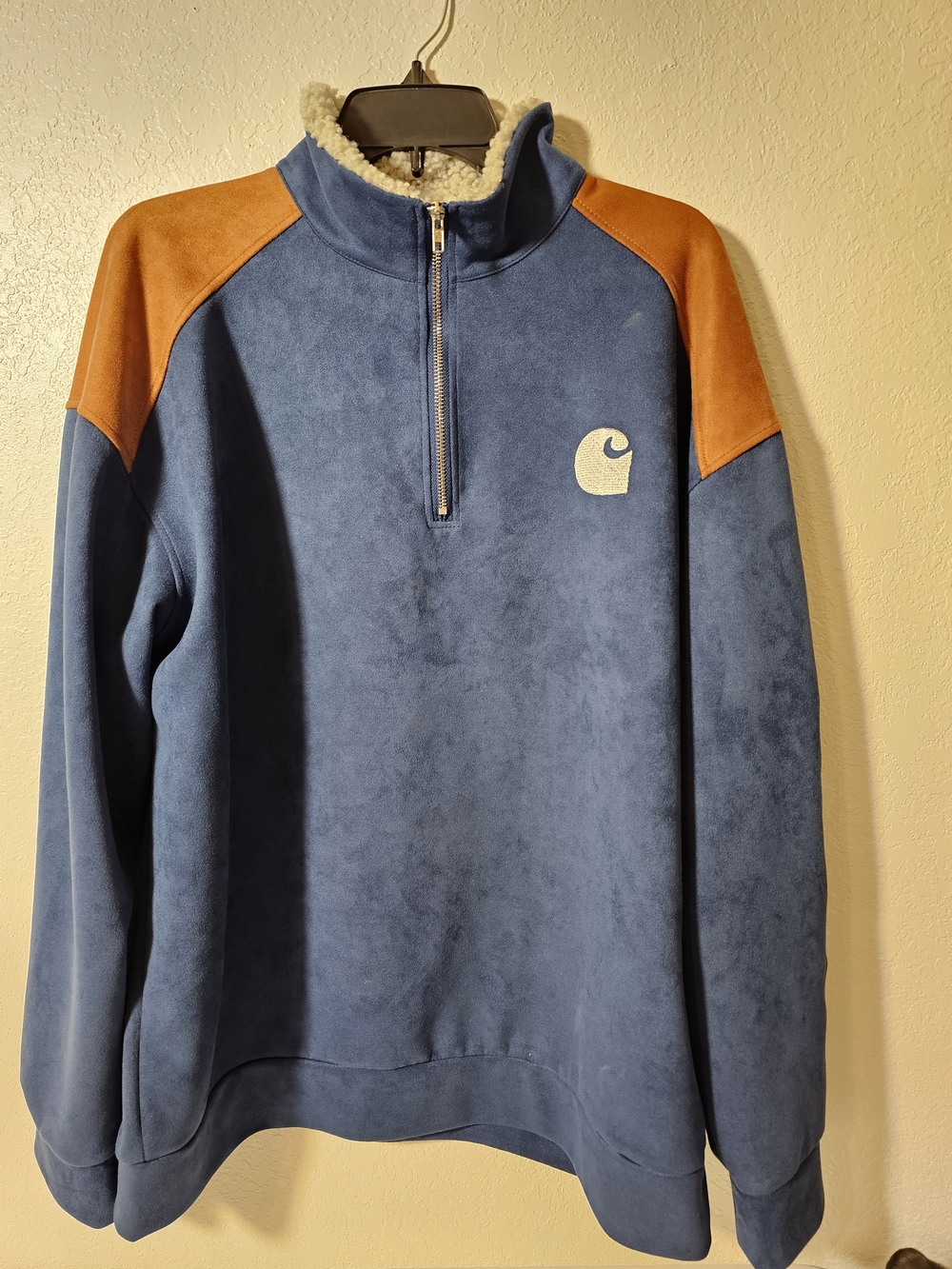 Carhartt Blue Pullover with Tan Shoulder Panels and Sherpa Collar